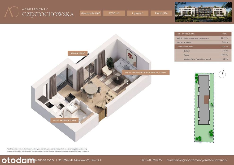 1-pokojowe mieszkanie 27m2 + taras Bezpośrednio