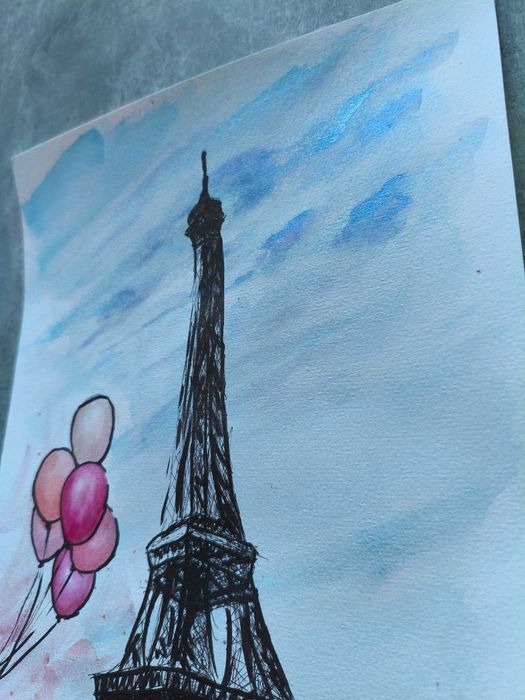 Paryż Francja wieża Eifela miasta akwarela obraz pejzaż miejski 21x30