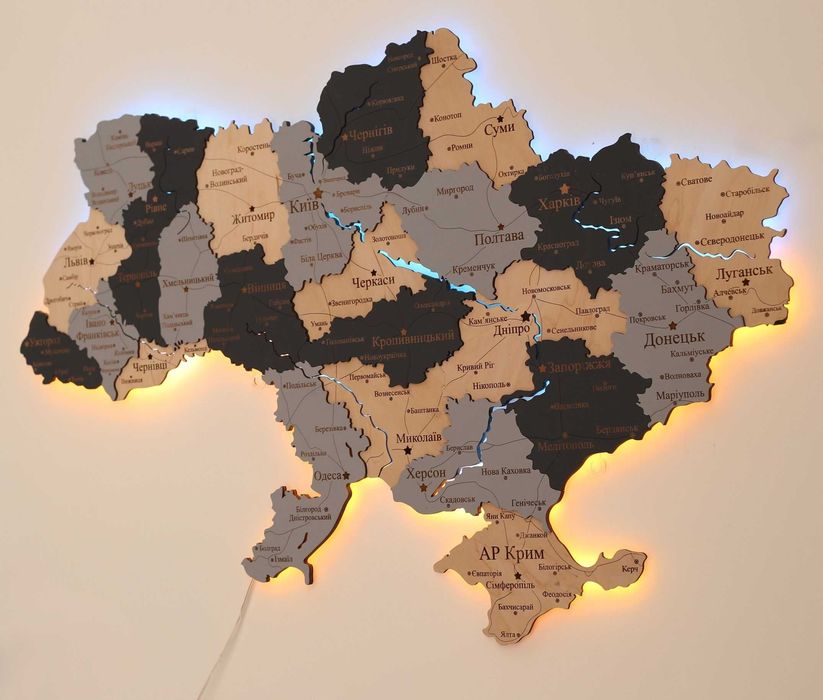 Деревяна мапа України з підсвіткою річок карта Украины с подсветкой