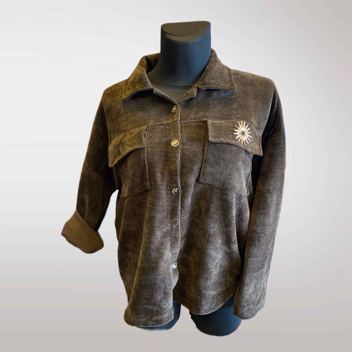 Koszula Damska Sztruksowa z Broszką Brązowy