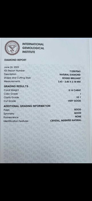 Diamante natural 0,16 ct VS1 certificado IGI – ideal noivado
