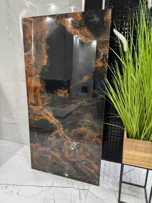 Gres 120x60 czarny marmur złoto miedź połysk PREMIU glamour black gold