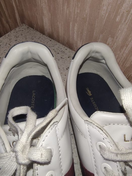 Шкіряні кеди , кросівки Lacoste Carnaby Evo з фірмовою червоно-синьою смужкою збоку.