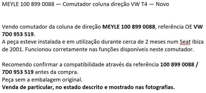 MEYLE 100 899 0088 — Comutador coluna direção VW T4 — Novo