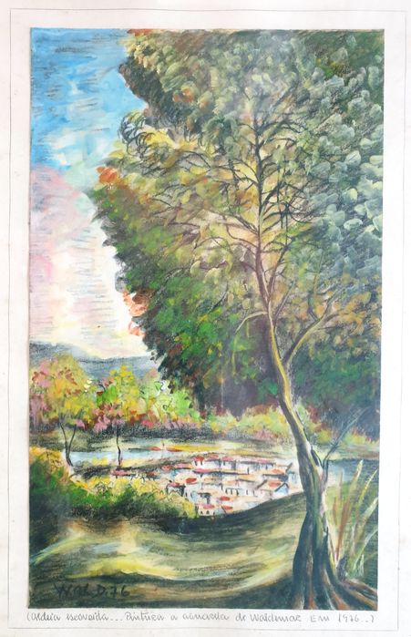 WALDEMAR: Aguarela paisagística "Aldeia escondida" assinada de 1976