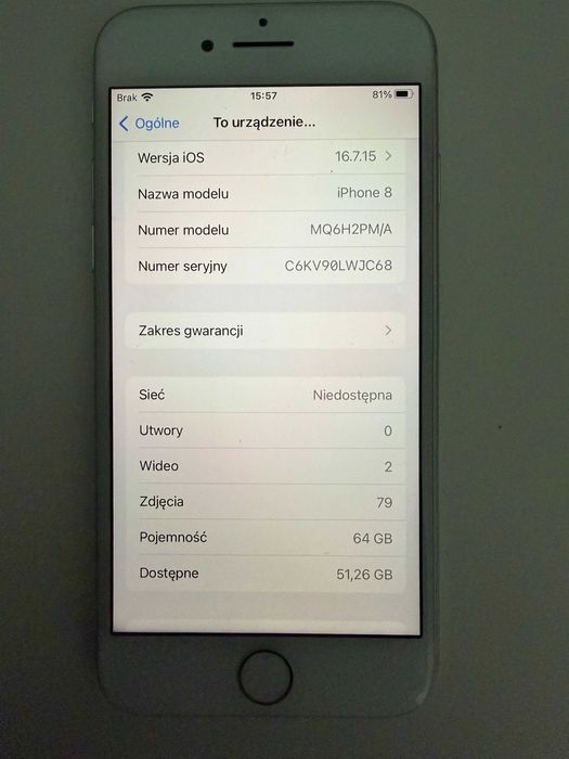 iPhone 8 64GB Silver Używany stan BDB bateria 81%