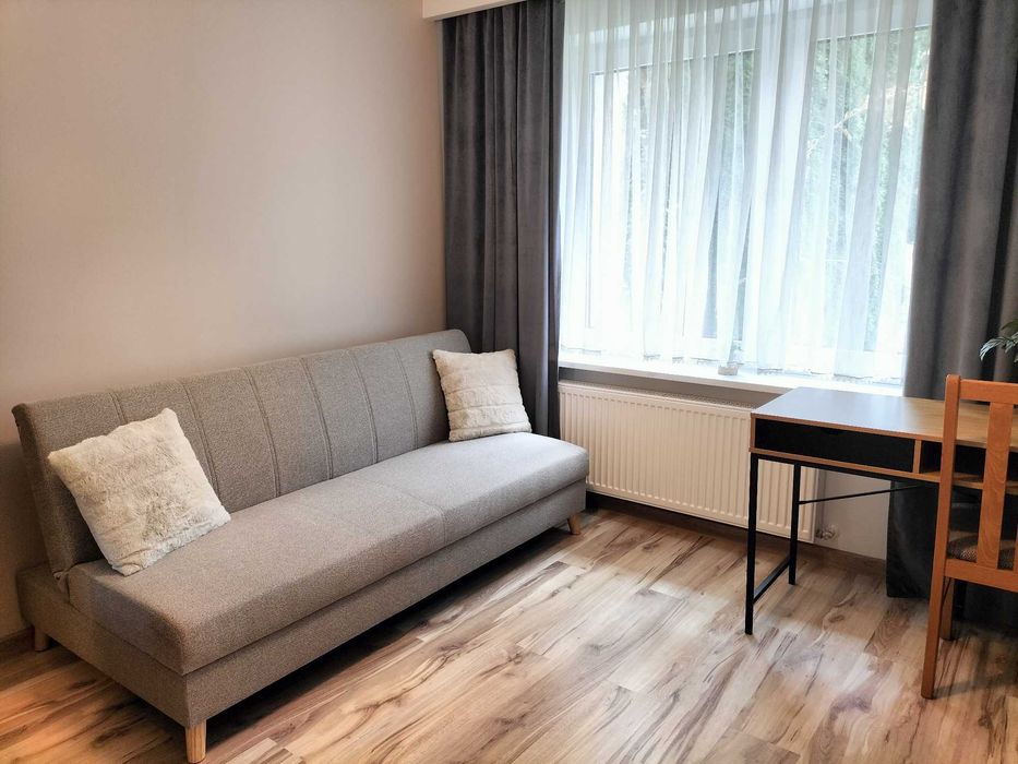 Duży pokój w komfortowym mieszkaniu z tarasem po gruntownym remoncie dla młodej kobiety. Sławin