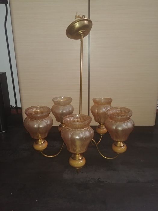 Żyrandol 5 ramienny PRL , mosiądz