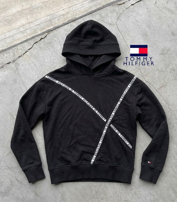 Tommy Hilfiger czarna bluza  z kapturem bawełna asymetryczne taśmy Y2K