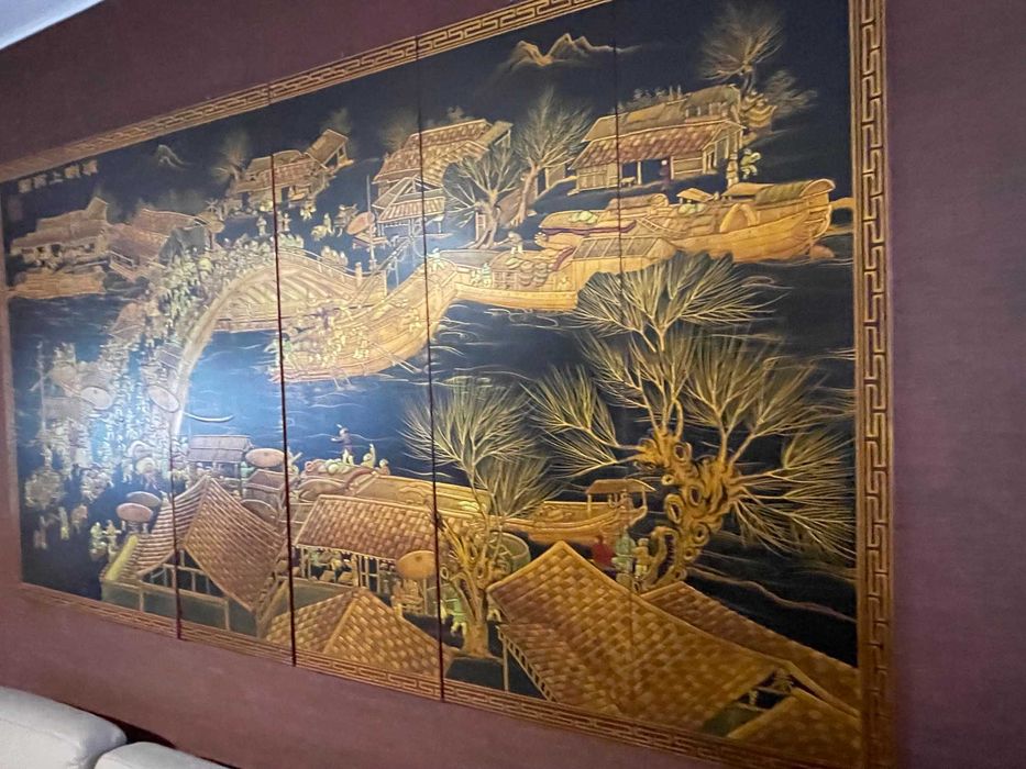 Biombo Chinês Lacado Pintado à Mão - 6 Folhas - Grande Formato
