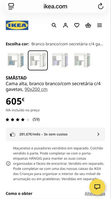 SMÅSTAD - Cama alta, branca com secretária c/4 gavetas