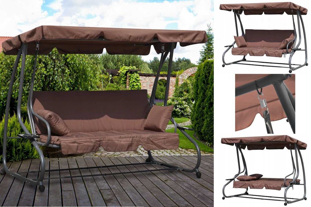 HUŚTAWKA OGRODOWA rozkładana 3-osobowa 2w1 do 300 kg - BRĄZOWA