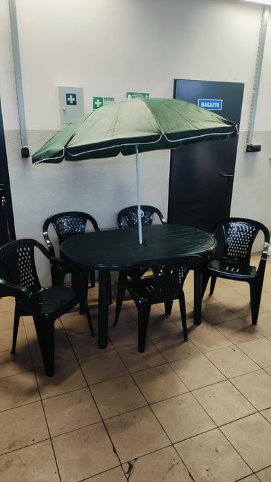 Meble ogrodowe 6+1 stół krzesła i parasol zielony nowe