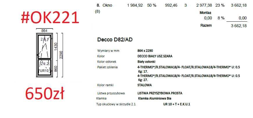 Okno 864x2290 Białe 3 szyby  #OK390,#OK229,#OK221,#OK185,#ok186