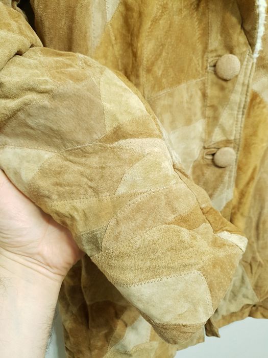 Płaszcz skórzany patchwork na kożuchu S