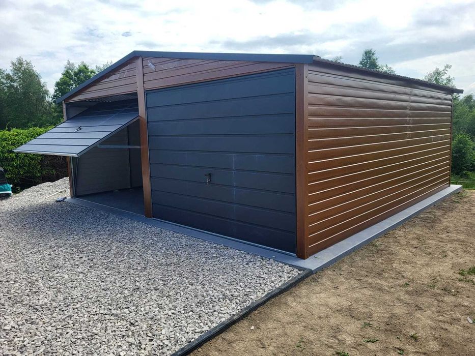 Garaż blaszany dwustanowiskowy 6x5m złoty dąb + ciemny grafit PREMIUM