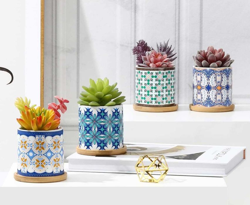 Doniczki ceramiczne na sukulenty, zestaw 4 ozdobnych doniczek