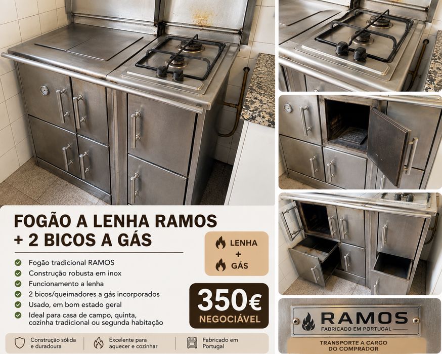 Fogão a Lenha RAMOS  em Inox + 2 Queimadores a Gás