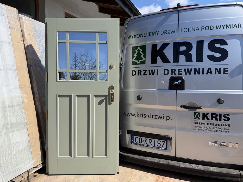 Drzwi zewnętrzne drewniane OD RĘKI oliwkowe zielone Cała Polska