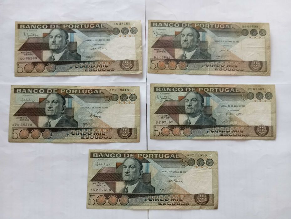 Notas de 5000 escudos de António Sérgio - 100 euros o lote de 5