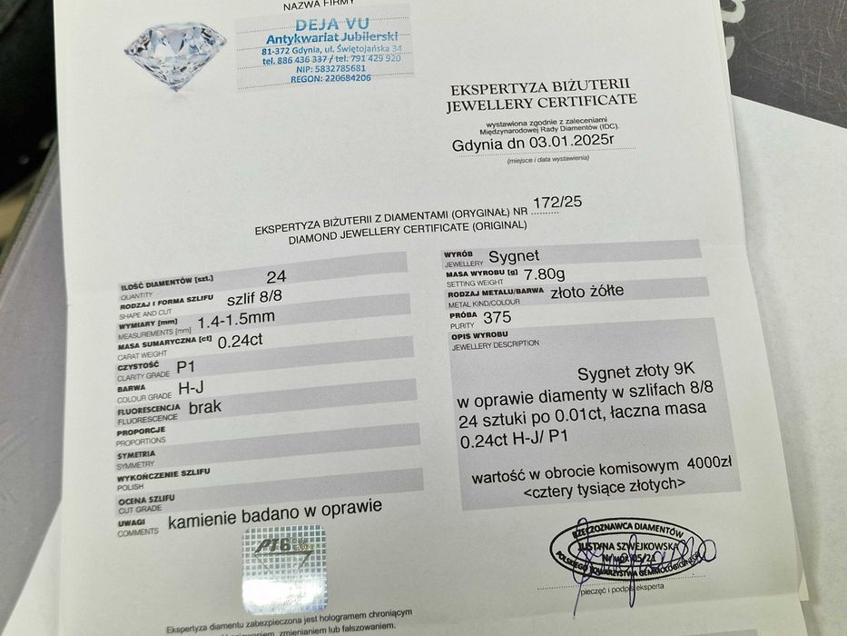 Złoty sygnet męski/ 375/ 7.80 gram/ R15/ 24x DIA/ wycena/ Anglia