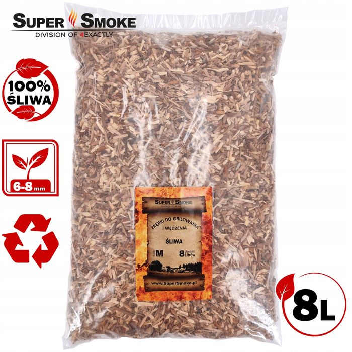 Zrębki Wędzarnicze Super Smoke ŚLIWA KL-08 (6-8mm) Medium 8 Litrów