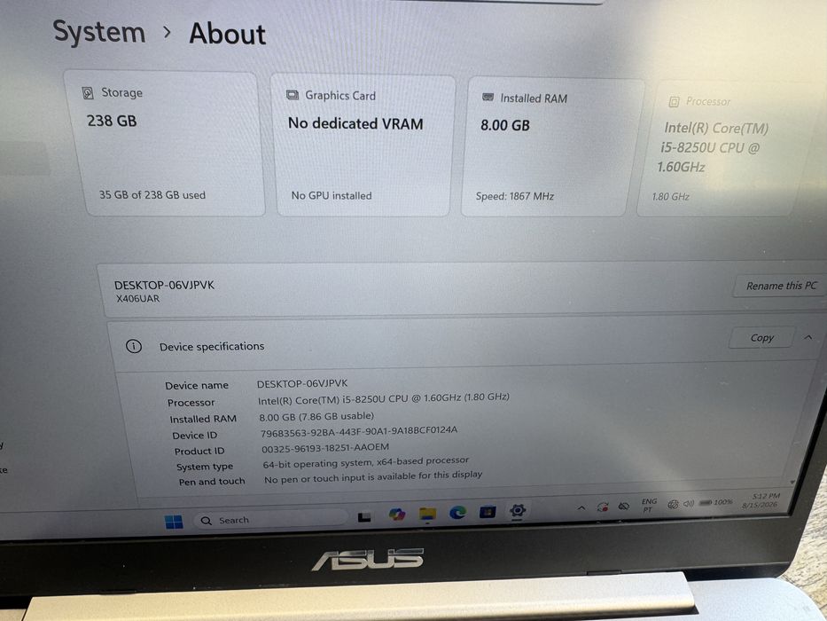 Asus Vivobook 14 Core i5 |  256GB | 8GB