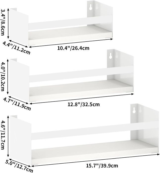 RLAVBL Zestaw 3 białych półek ściennych 40 cm – drewniane & metalowe