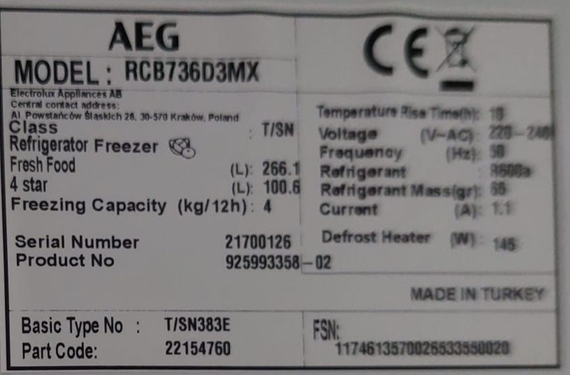 Frigorifico RCB736D3MX aeg peças
