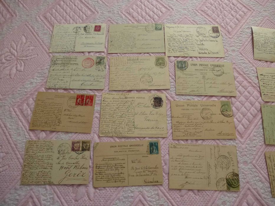 Lote 27 Postais, anos 1910 a 1950, selados