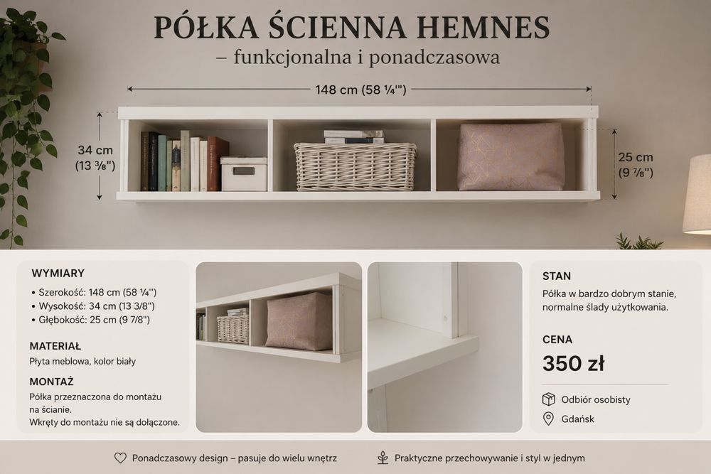 HEMNES Pótka ścienna, biała bejca, 148x37 cm Drewniana