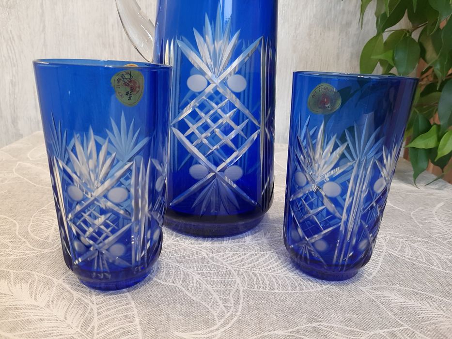 Кувшин и два стакана цветной синий хрусталь