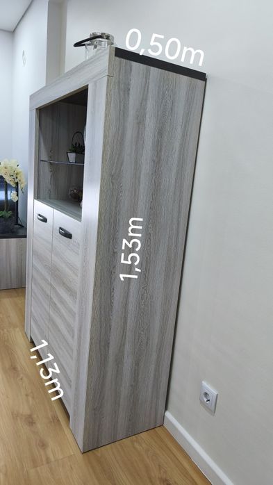 Móvel moderno, com pouco uso, com prateleira de vidro e 2 portas