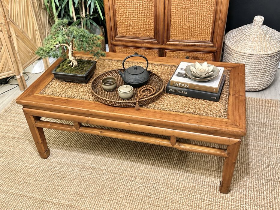 mesa centro apoio movel tv sala olmo rattan palhinha oriental antiga rustica