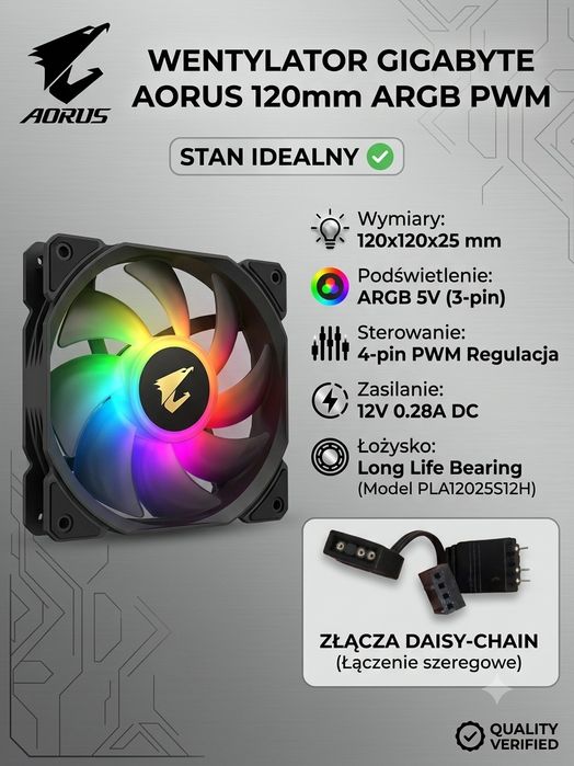 Wentylator Gigabyte AORUS 120mm ARGB PWM (PLA12025S12H) - Stan Idealny