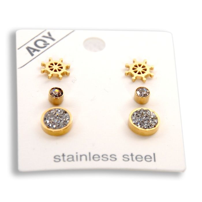 Zestaw 3kpl kolczyków złote stal wkręty