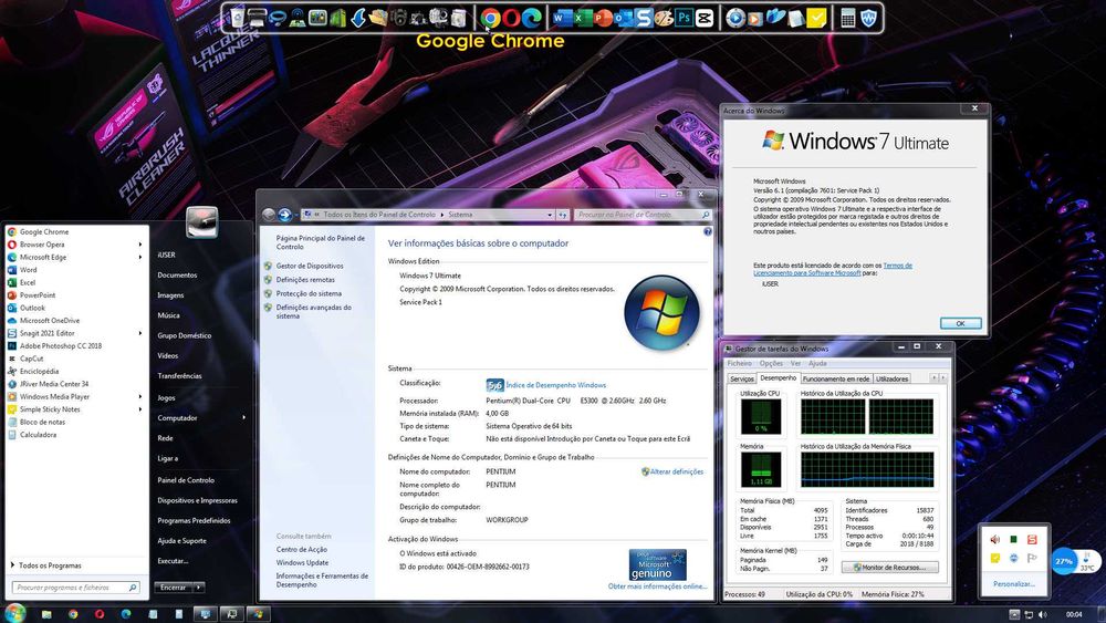 Torre Pentium E5300 + monitor + rato/teclado sem fio.