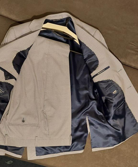 Garnitur ślubny Pawo narcisio w pepitkę błękitny jak nowy