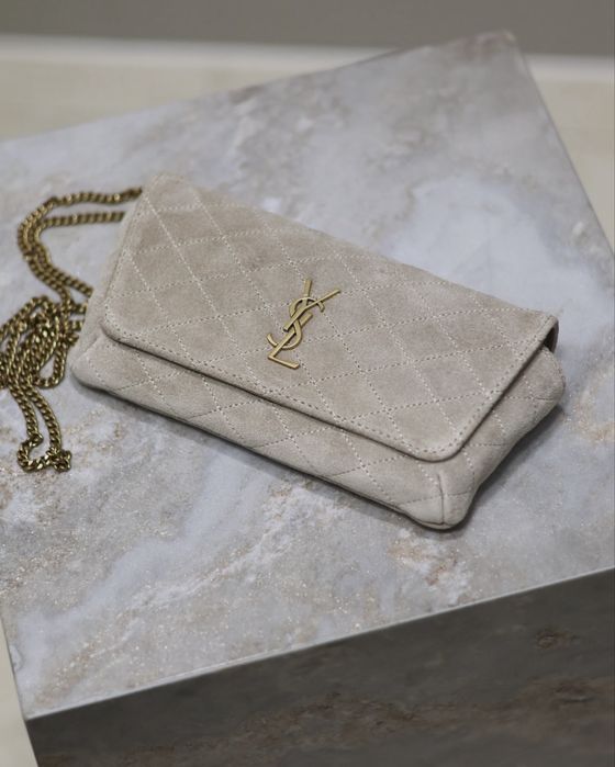 Клатч Сумка замшева ysl yves saint laurent Gaby Chain Phone Holder Bag бежева