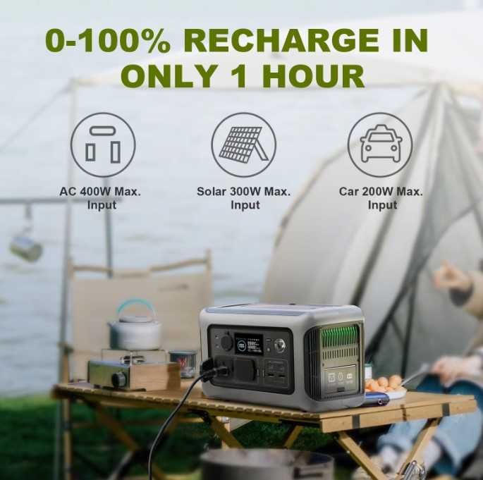 Estação Energia Portátil 600W/1200W LifePo4 + Painel Solar Dobrável