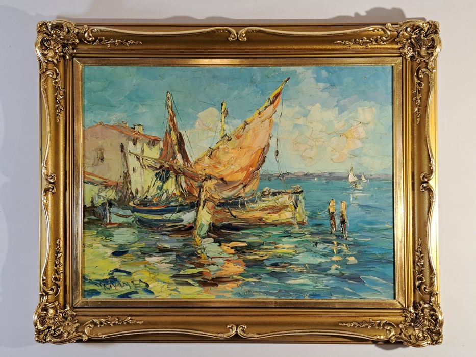 "Scena portowa z żaglówkami" Walter Prescher van Ed. Olej na płótnie