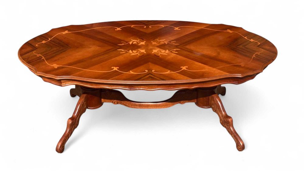 Owalny intarsjowany stolik kawowy ława, jasny orzech