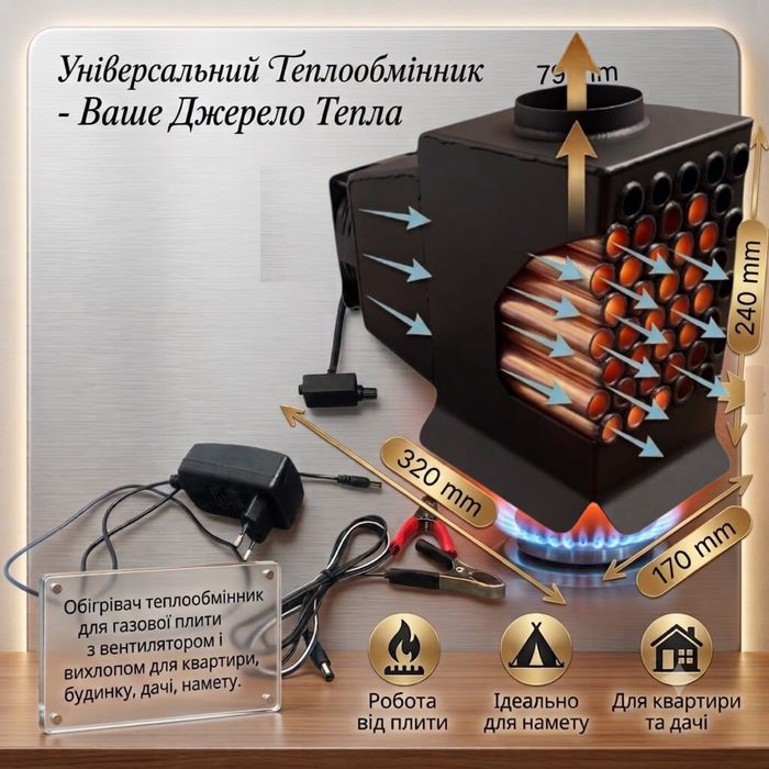 Обігрівач теплообмінник для газової плити з вентилятором і вихлопом для квартири, будинку, дачі, намету