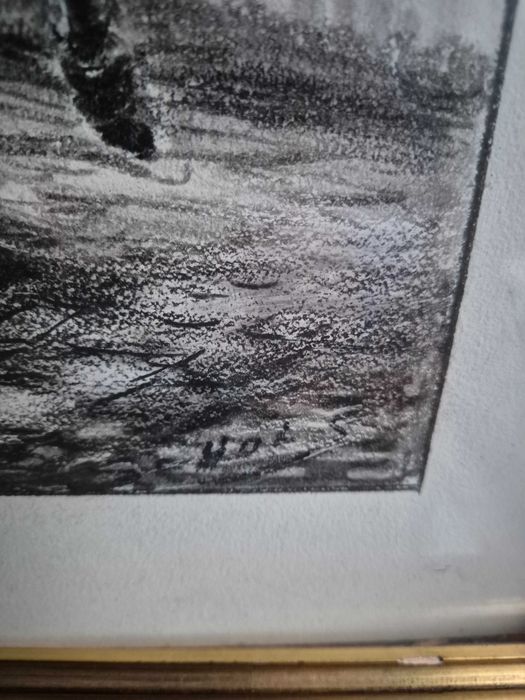 Obraz rysunek pejzaż węgiel ołówek sygnowany Francja studnia antyk