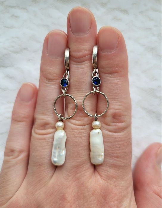 На подарок серьги натуральный жемчуг синий циркон серебро 925 импорт