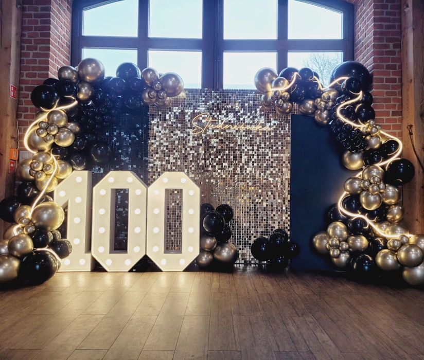 Cyfry led, neon, scianka cekinowa,fotel paw, balony