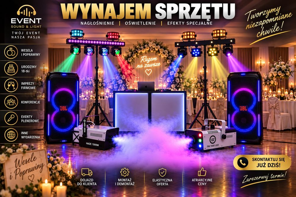 Zestaw Imprezowy: Głośniki JBL Ultimate + Mikrofony JBL + Światła + Wytwornice Dymu z DOSTAWĄ! (Słupsk i okolice) WYNAJEM!