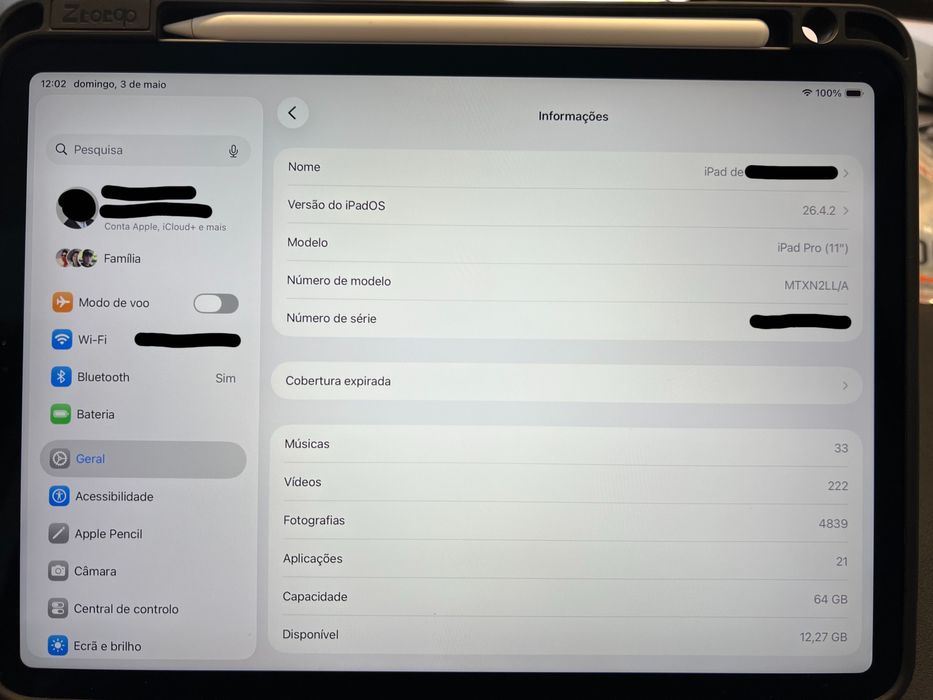 iPad Pro de 11" (mod. A1980) com caneta e capa, tudo em estado impecável