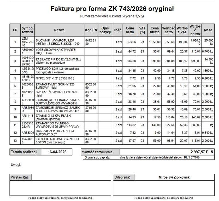 Zestaw do wywrotki kiper - siłownik, zawiasy, zamki wywrot na tył
