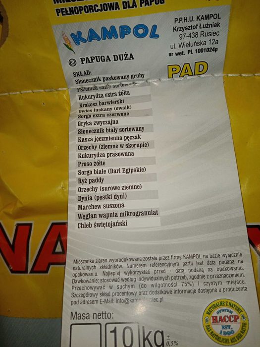 Karma dla Papug średnich + Papug Dużych Kampol 20 kg